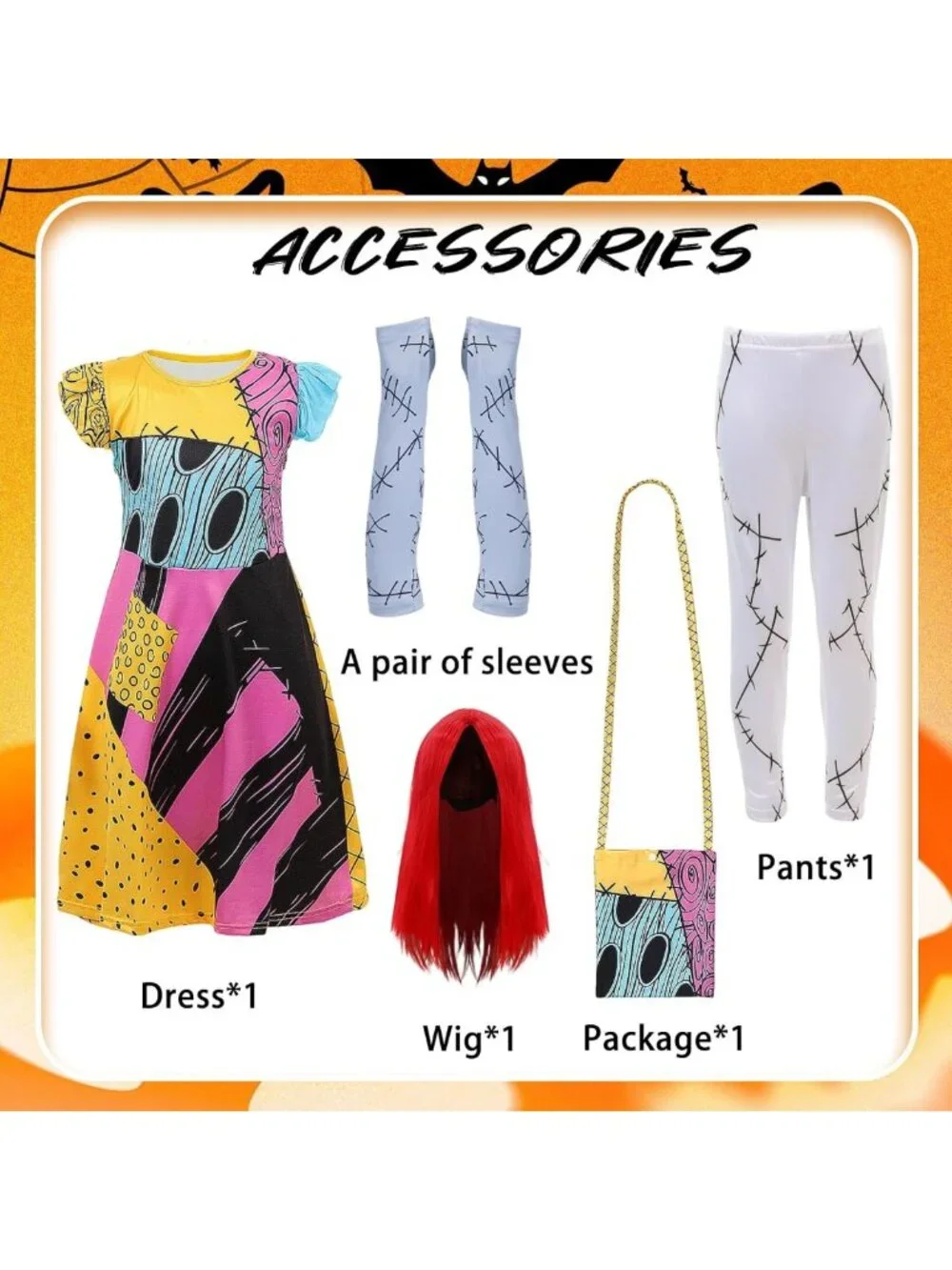5PCS Kids Sally Costume Set - Girls Christmas Dress, Wig & Accessories for